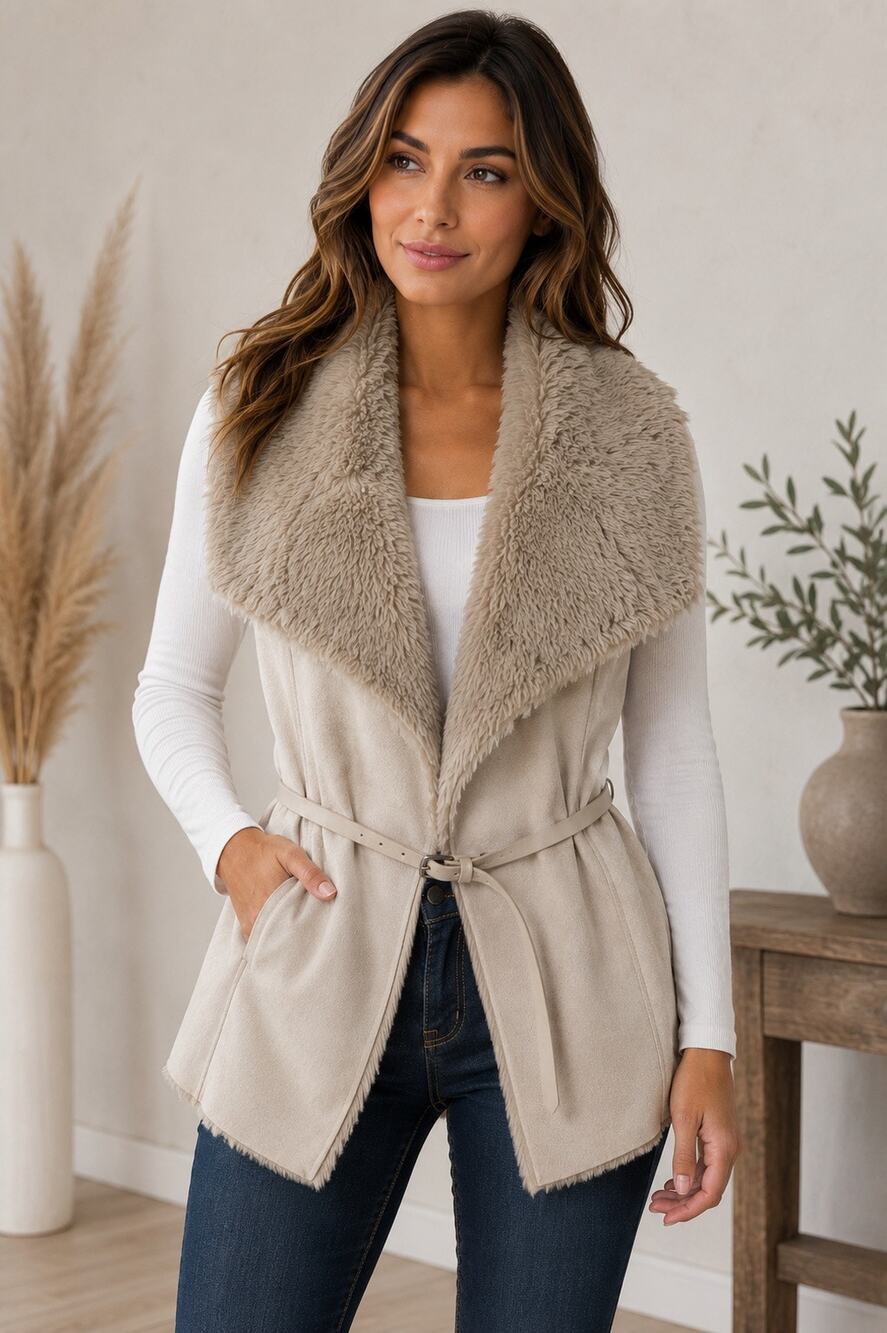 Armani Exchange Faux Fur Suede Vest L – Cream Beige Sherpa Lined Belted